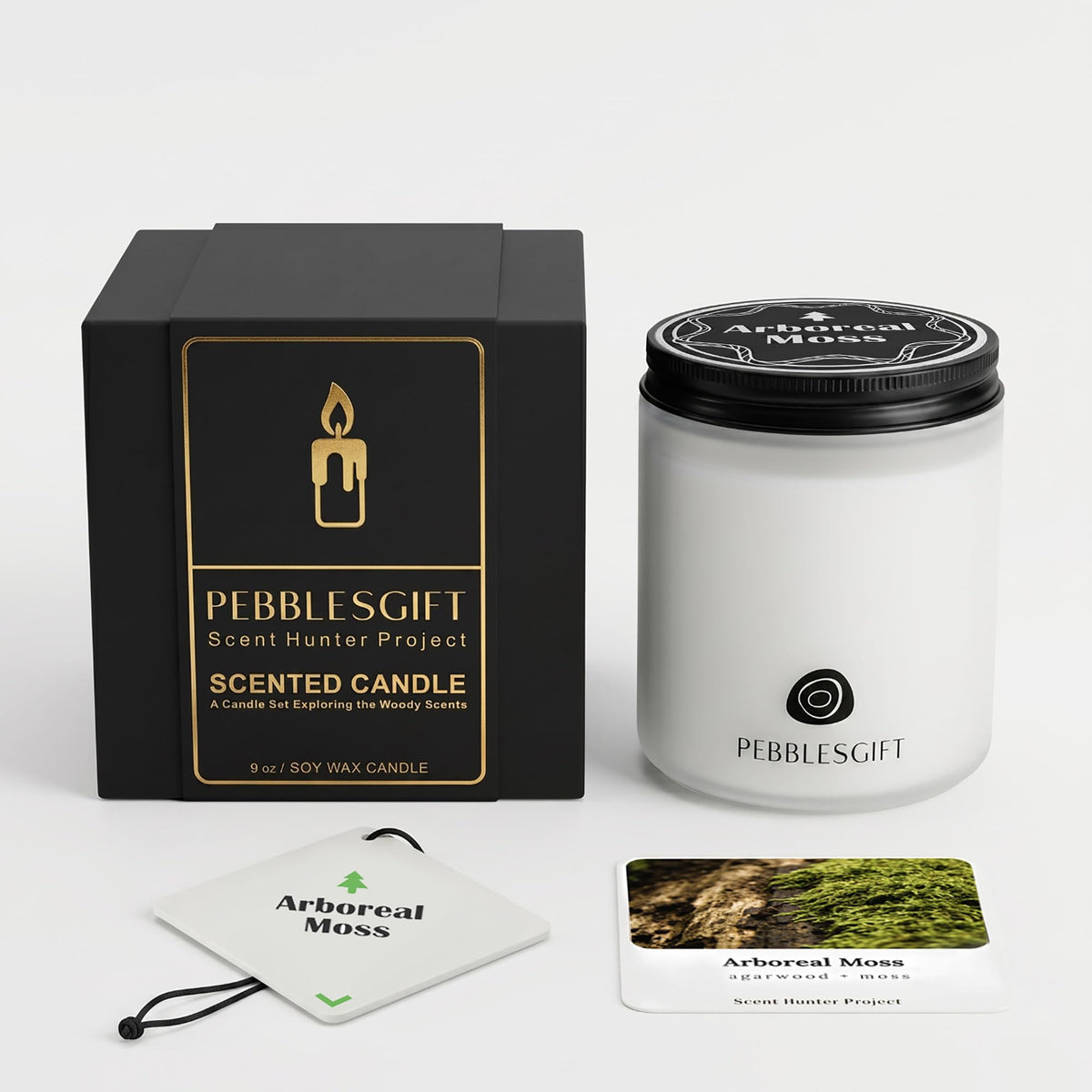 PebblesGift Wood Scented Arboreal Moss Candle 9oz Soy Wax Frosted Glass Jar for Home Decor - Scent Hunter Project Aroma Discovery Card Included - Ideal Gift for Self-Care & Relaxation