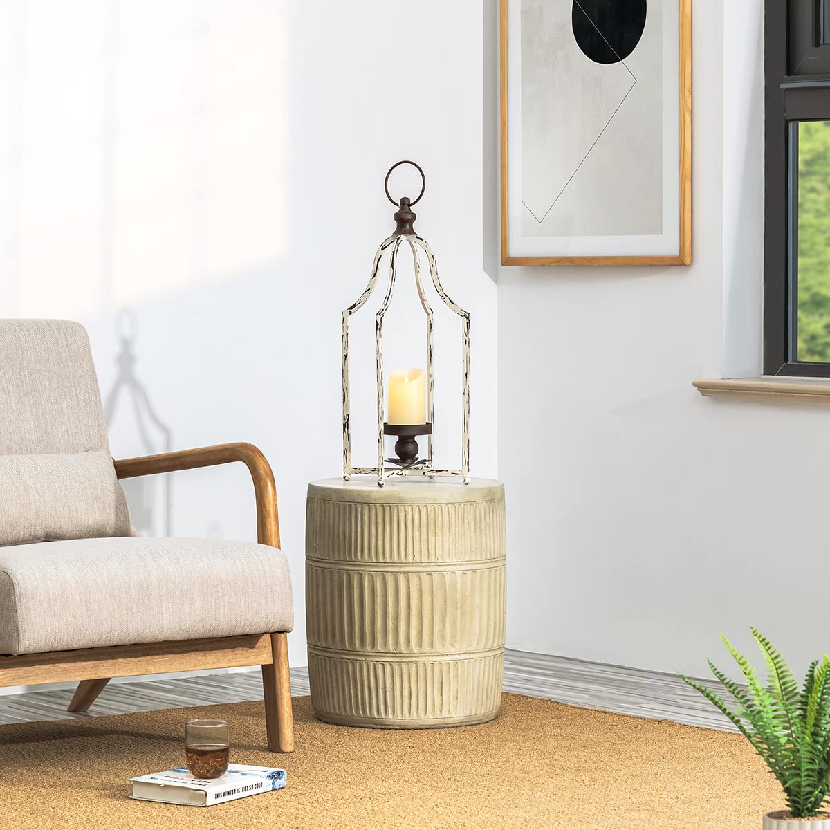Glitzhome 22" Lanterns Decorative Indoor Outdoor, Farmhouse Metal Lanterns, Hanging Candle Holder for Porch Mantle Fireplace Patio Garden Home Decor,White