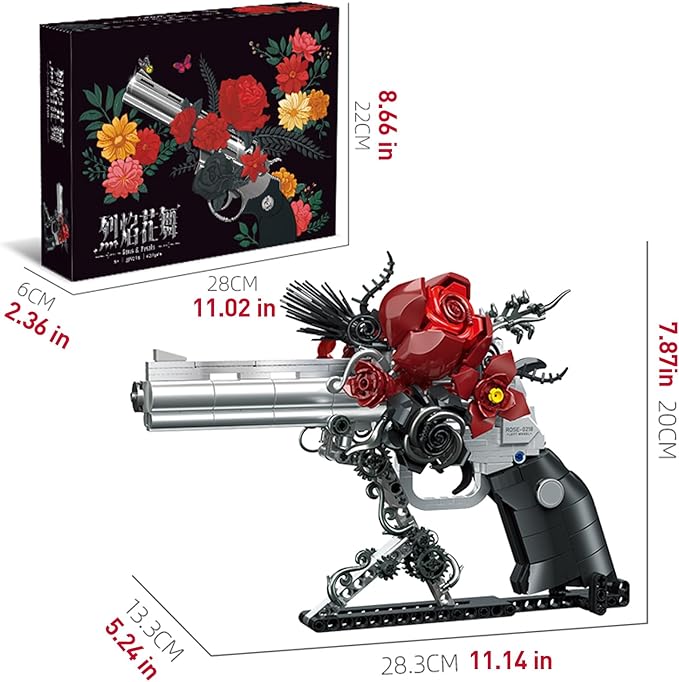 Building Blocks Gun Revolver Set 631 PCS Brick Pistol Model Kit with Roses Creative Mechanical Block Gun Compatible with Lego 853792 Accessory Toy for Kid & Adults Home Decor