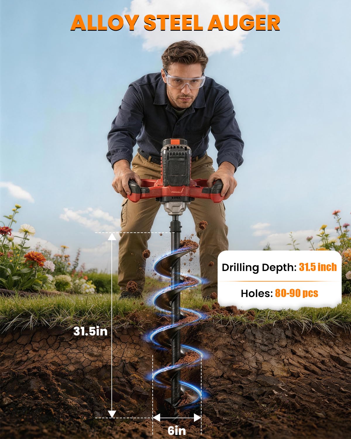 42V Cordless Post Hole Digger with 2x4.5Ah Batteries & Dual Chargers, 1200W Brushless Earth Auger for Fence Post with 6" Drill Bit, 85Nm High Torque Electric Hole Digger for Hard Soil, 800RPM