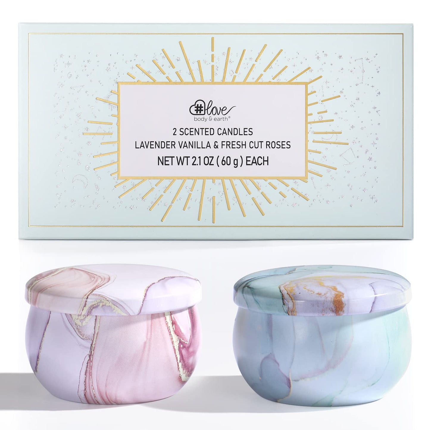 2-Pack Soy Candles Gift Set - Lavender, Vanilla, Rose Scents in Portable Tin Jars - for Home, Travel, Spa