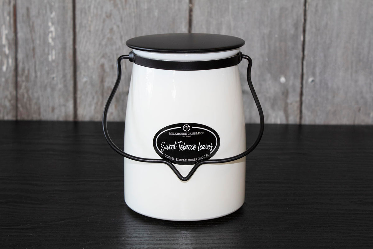 Milkhouse Candle Company Sweet Tobacco Leaves Soy Candle - Honey | Tobacco | Teakwood Scented - 22 oz Butter Jar with Lid, 120+ Hour Burn Time, Made in the USA