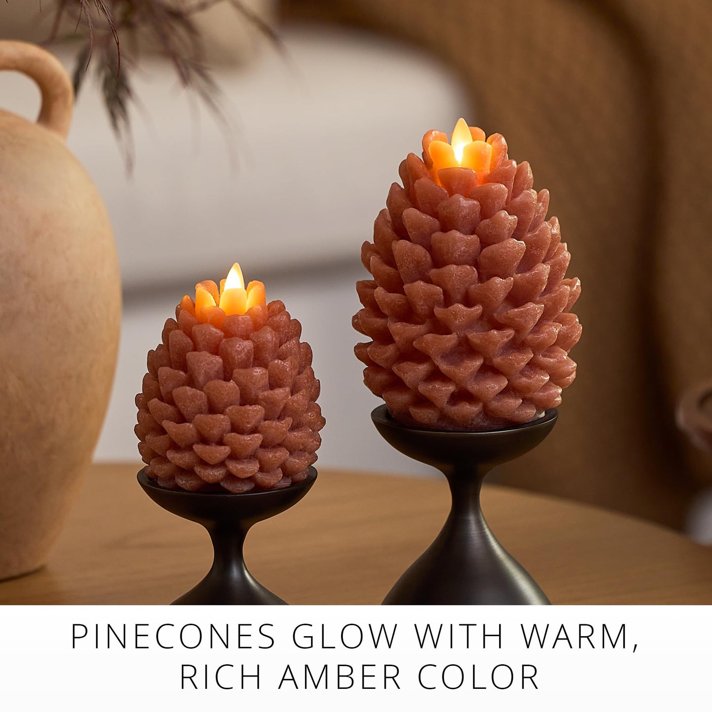 Luminara Flameless Candle 4.7" x 6" Battery Operated with Timer Real Wax Unscented LED Pinecone Caramel Café Chalky Finish Pine Cone Figural Holiday Decoration Rustic Centerpiece Table Decor