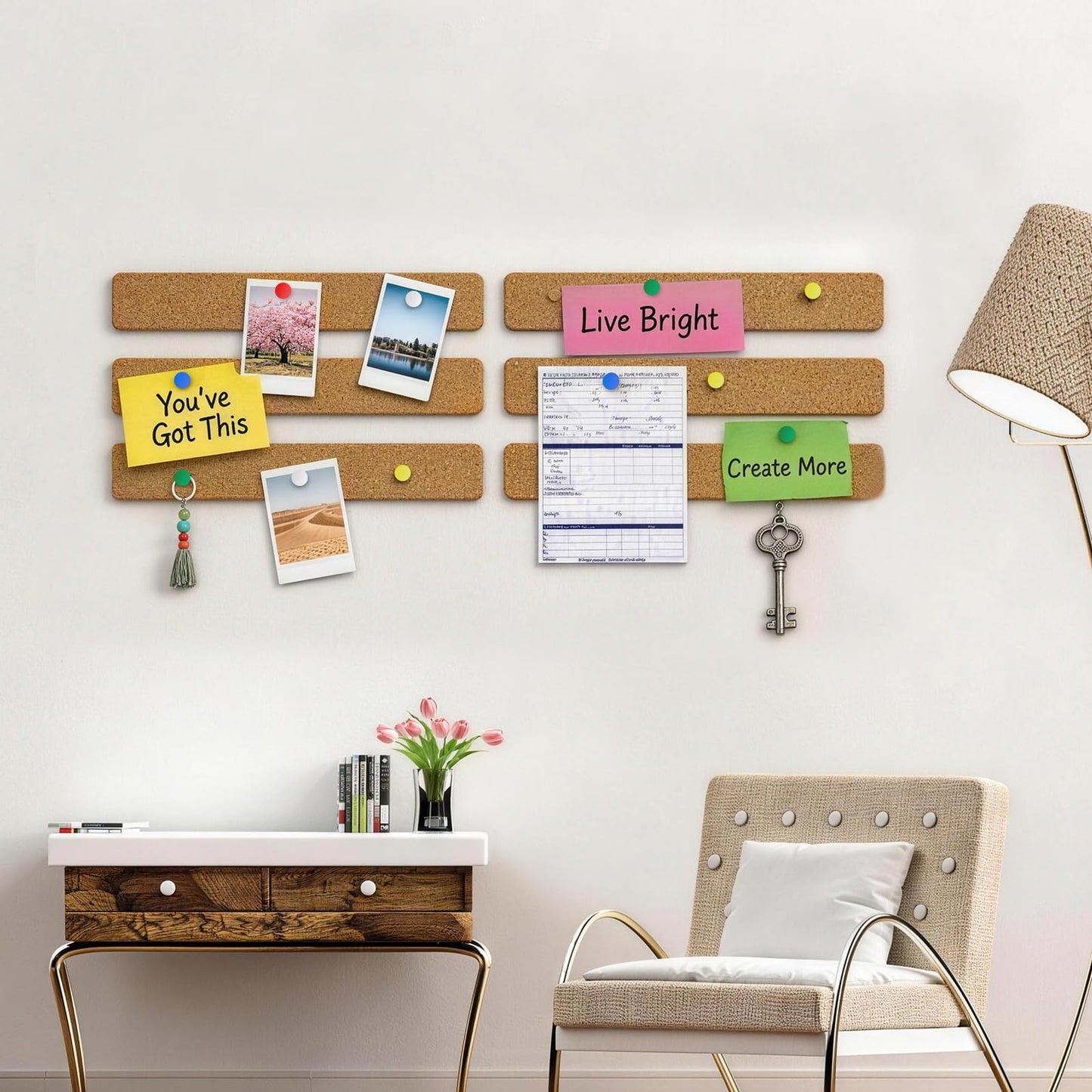 Fushing Cork Boards Felt Bulletin Boards, 13"x2" Pin Boards with Push Pins, Self-Adhesive, No-Drill Wall Mount Pin Boards for Classroom, Office, Home, Dorm, Bedroom Door (12)