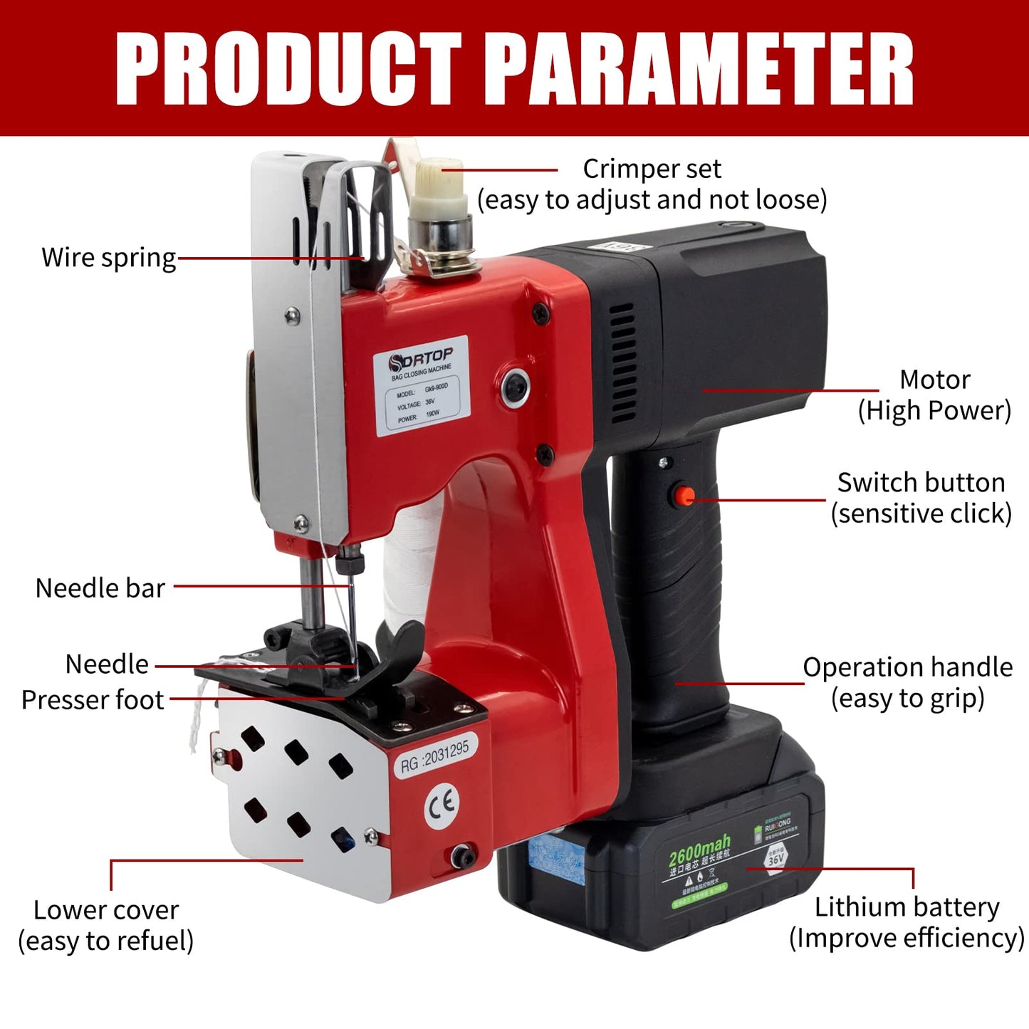 Battery Bag Sewing Closing Machine Cordless Portable Bag Closer Stitcher Packing Machine for Burlap Sack, Canvas,Feed Sacks,Rice Bags, PP Woven Kraft Paper Bag SDRTOP