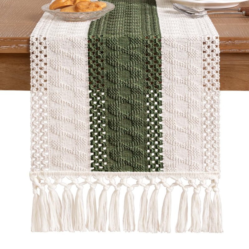 Socomi Boho Table Runner Summer Farmhouse Rustic Dining Kitchen Centerpiece Decor Small Macrame Woven Cotton Linen Coffee Table Runner for Dresser Scarf Home Decor 12x90 inch Olive Green