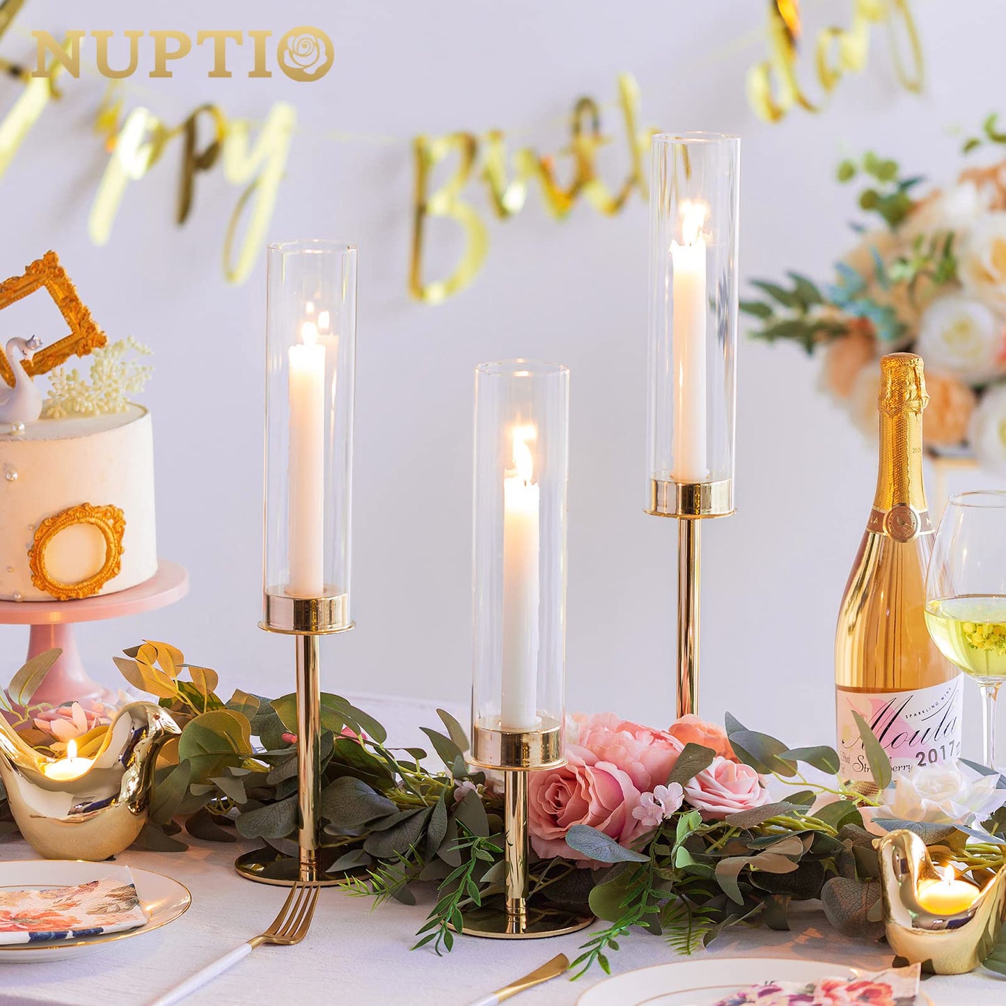 Nuptio Gold Candlestick Holder Tall Hurricane Candle Holder Set of 3 Taper Candle Holders Candle Stand Glass Cover Candlesticks Holders Table Centerpiece for Wedding Party Birthday Christmas Decor