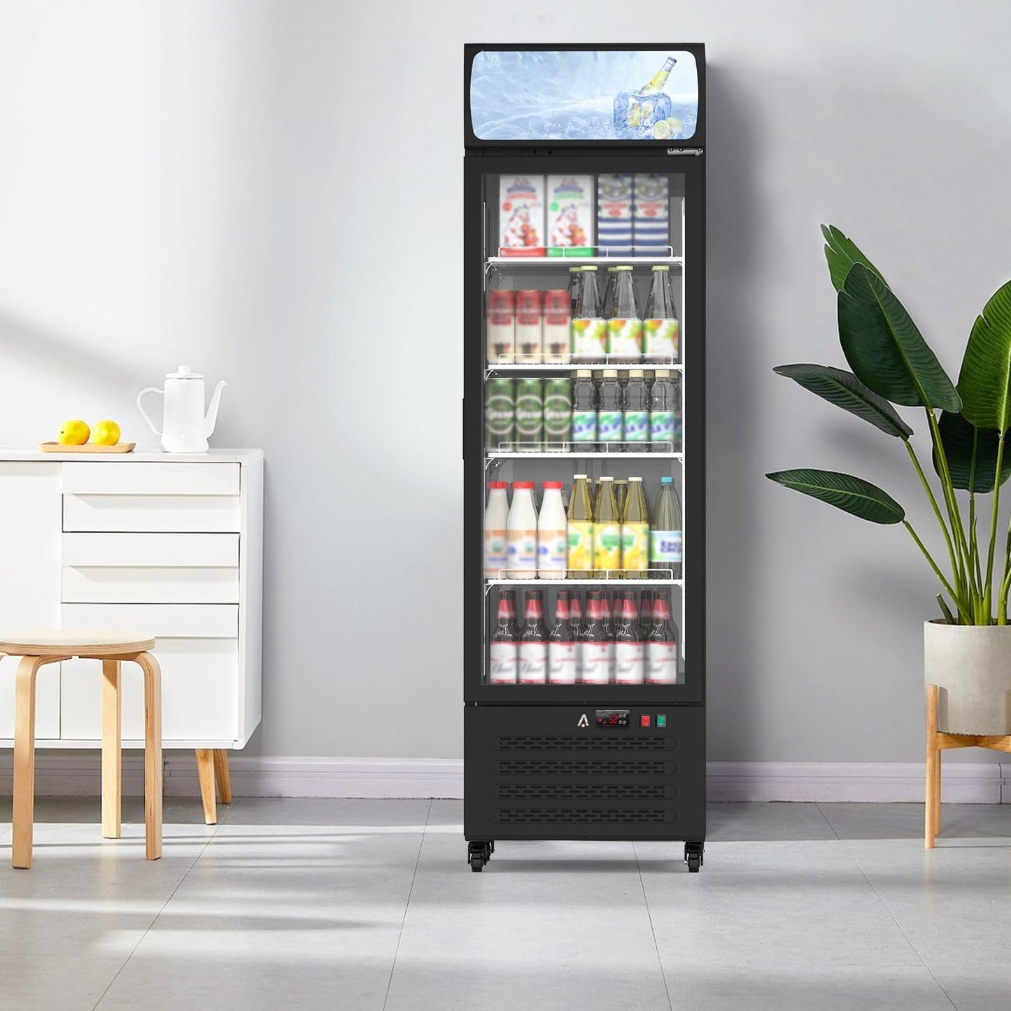 PeacefulHues 13.4 Cu.Ft Commercial Display Refrigerator,Glass Door Beverage Cooler with Adjustable Shelves,LED Lighting & Advertising Panel, Mobile Design