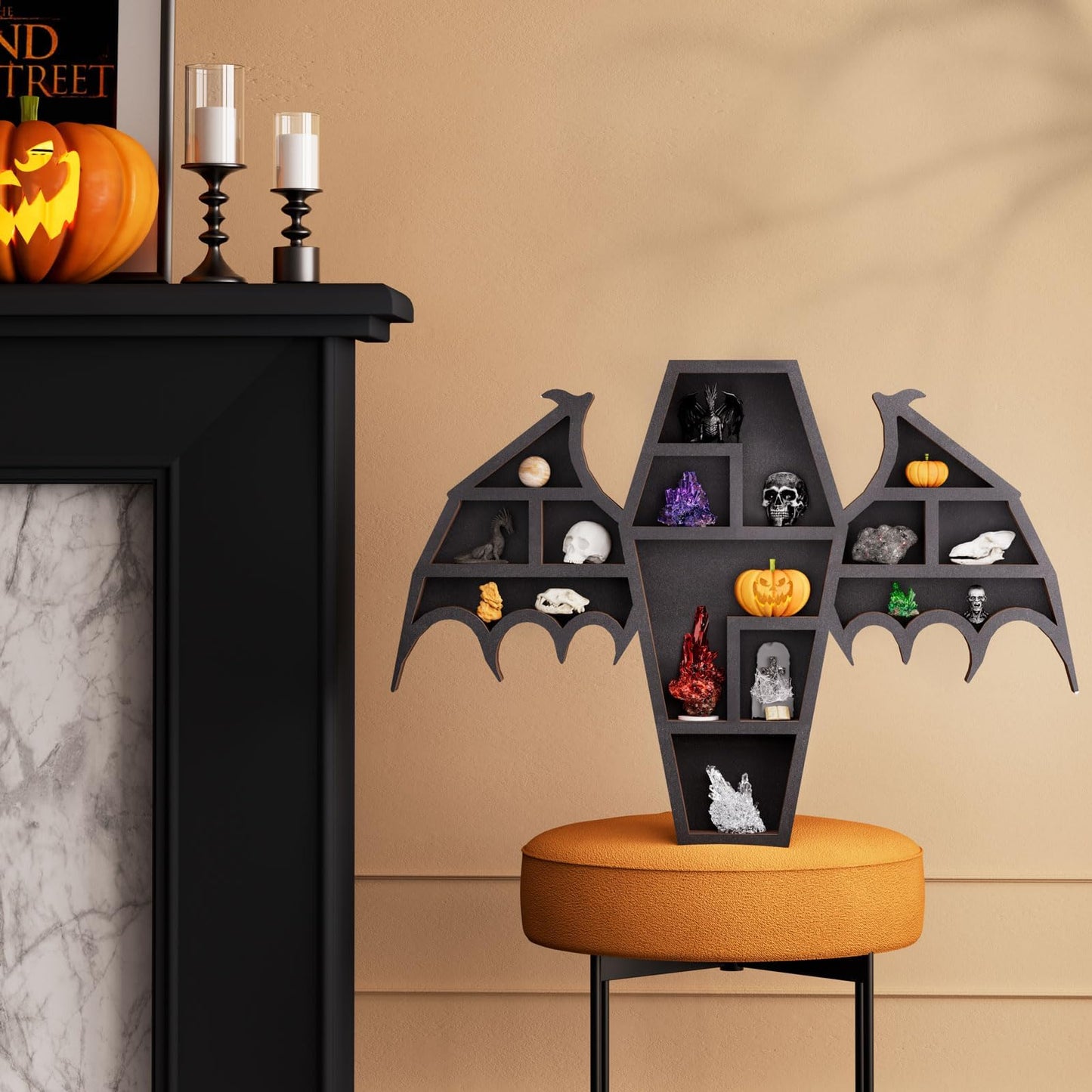 Qmetalart Coffin Shelf with Bat Wings, Wooden Gothic Decor for Display or Storage Rocks Mini Figures, Wall Hanging & Tabletop Crystal Display Shelf Gothic Home Decor