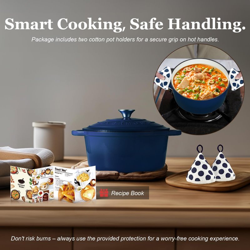 Overmont Enameled Cast Iron Dutch Oven - 5.5QT Pot with Lid Cookbook & Cotton Potholders - Heavy-Duty Cookware for Braising, Stews, Roasting, Sourdough Baking Indigo Blue