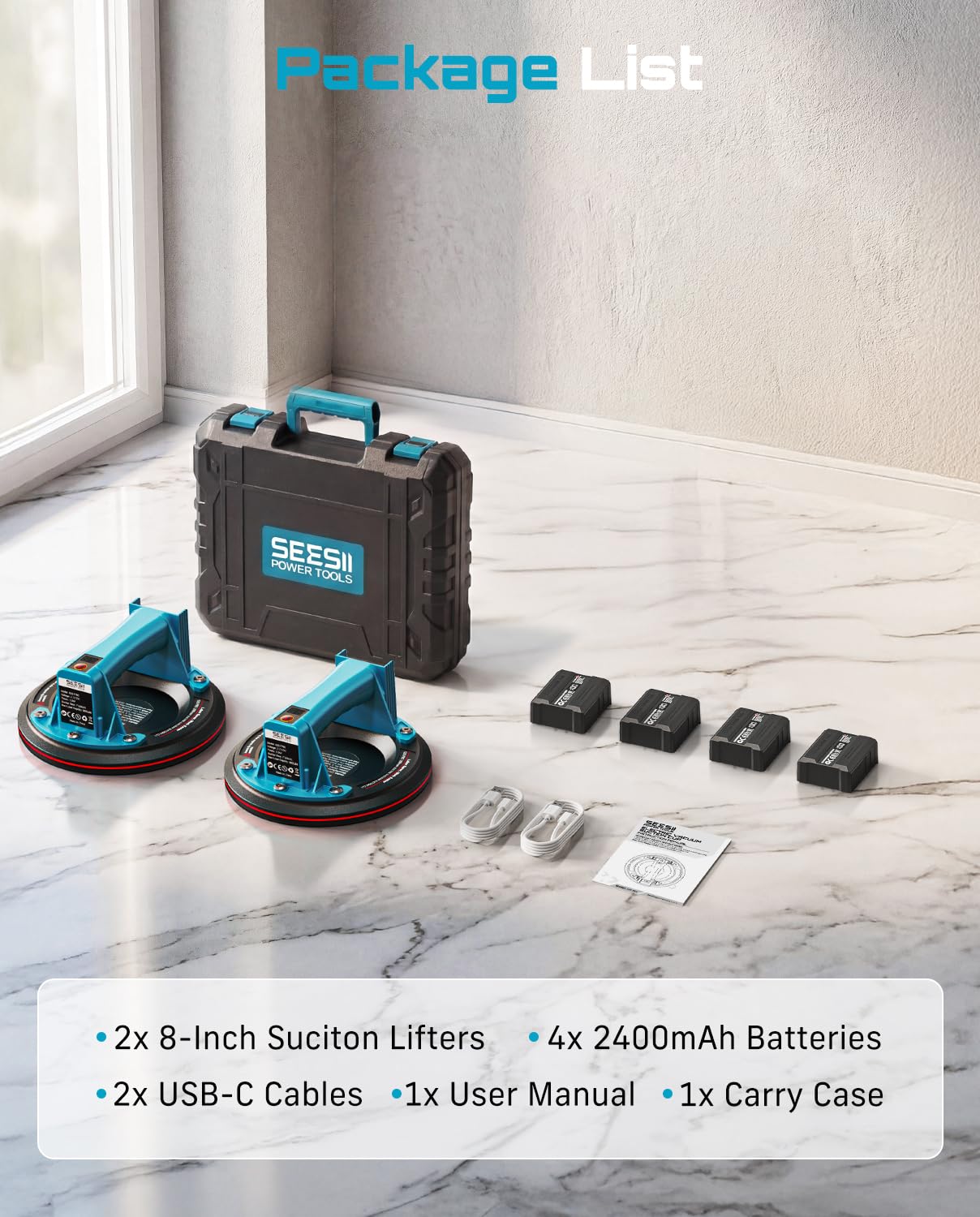 SEESII Electric Suction Cups for Glass, 600 LBS Max Load, 8" Heavy Duty Tile Suction Cups Lifter with 4X 2400mAh Batteries, Auto Start Pump, Display, for Lifting Large Glass, Tile, Granite, Metal