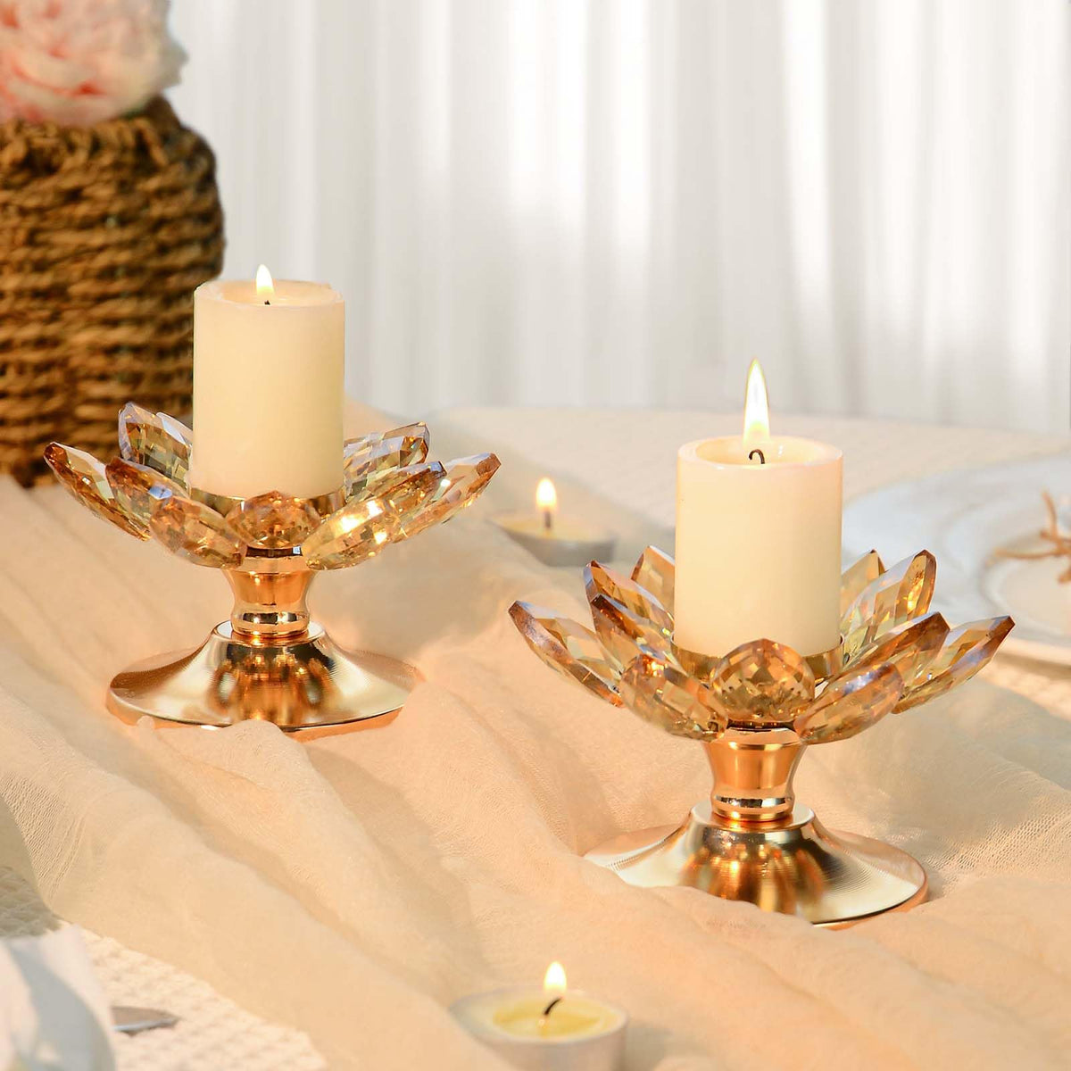 12 PCS Gold Crystal Flower Tea Light Holder Bulk, Glass Tealight Candlestick with Metal Base, Votive Candle for Table Centerpiece, Wedding/Parties Decor, Nice Gift