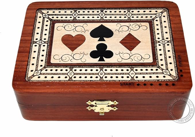 House of Cribbage - 2 Track - Wooden Cribbage Board/Box - Inlaid in Bloodwood/Maple Wood - Storage for Pegs & One Deck of Cards - 60 Points - Non Continuous