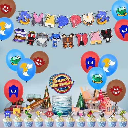 Blue Hedgehog Party Decorations,Blue Hedgehog Birthday Supplies Include Birthday Banner,Balloons,Cake Topper and Cupcake Toppers