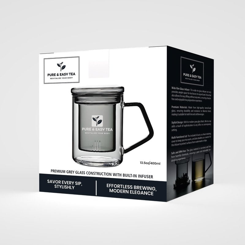 Pure And Easy Tea, Glass Tea Infuser Mug with Lid - Plastic-Free Borosilicate Steeping Cup for Loose Leaf Tea and Tisanes, 400 mL/13.5 oz