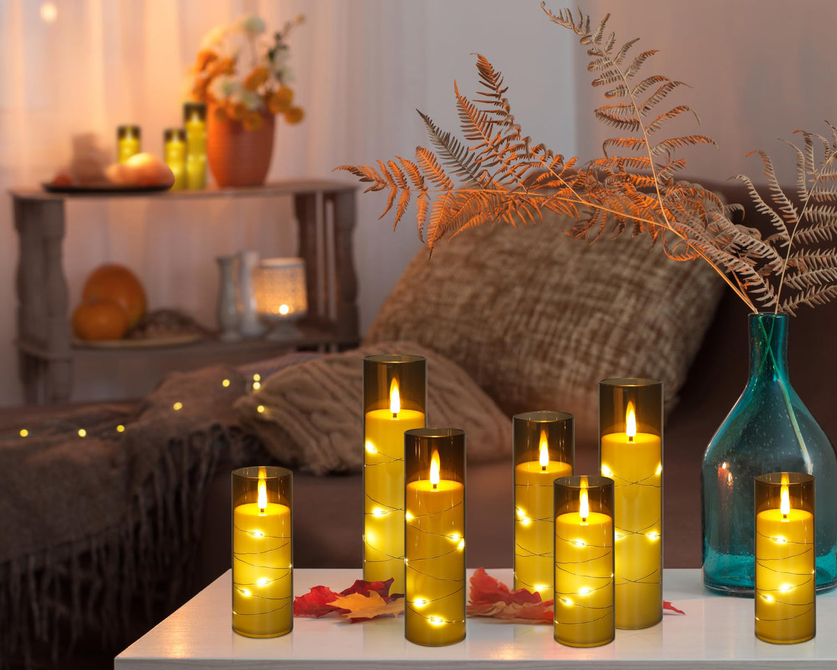 Enido Flameless LED Candles with Remote & Timer, Battery Operated Acrylic Pillar Set, 5 Pc Flickering Electric Lights with Embedded Star String for Cozy Home & Holiday Romantic Decor (Grey)