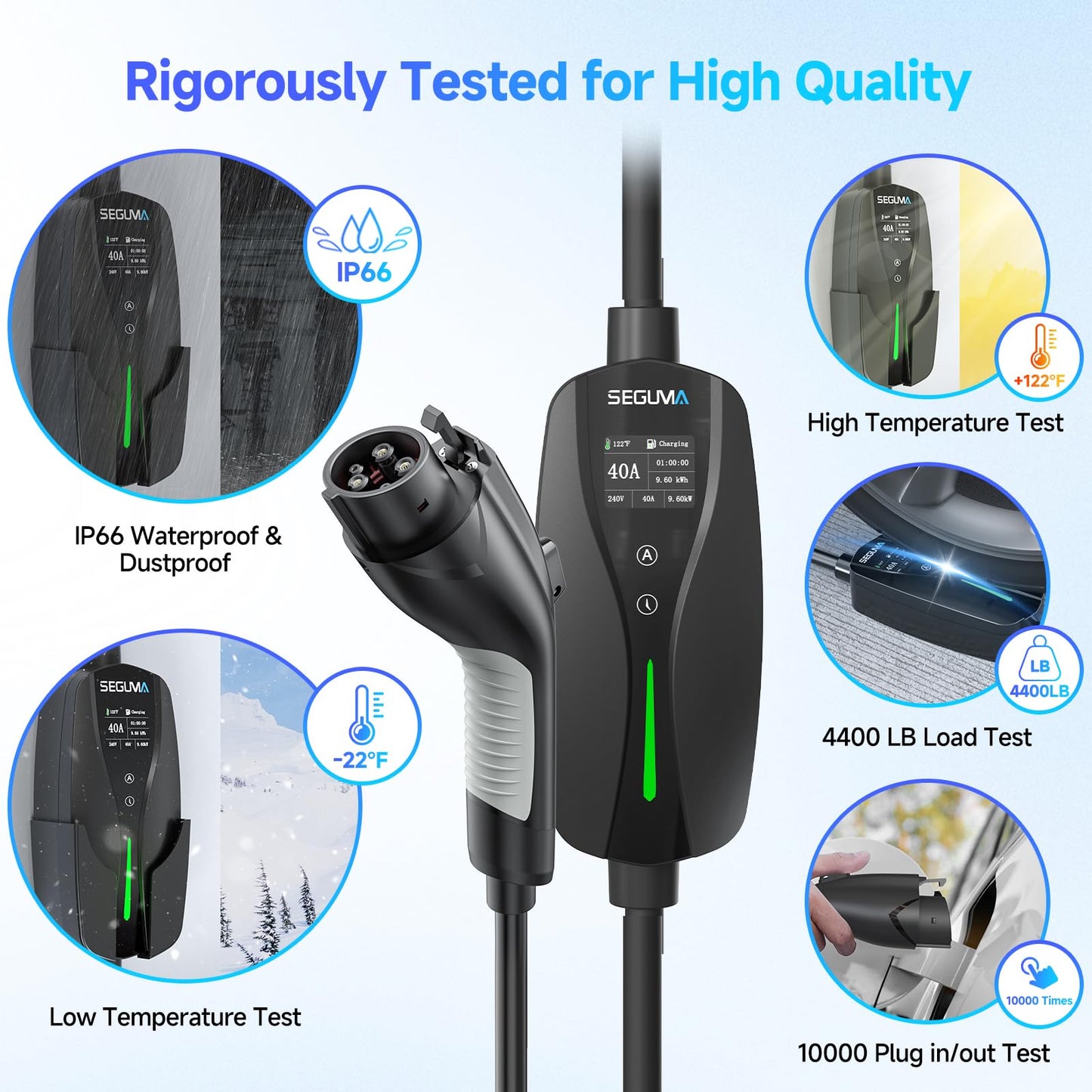 SEGUMA Level 2 EV Charger, 40Amp Electric Car Chargers 25FT Cable with NEMA 14-50 Plug, Adjustable Current, Timing Delay Electric Vehicle Chargers for J1772 BEVs/PHEVs 240V 9.6kW