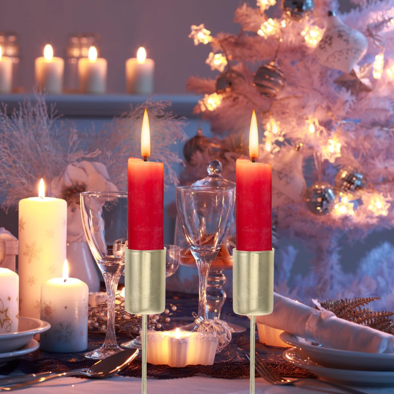 DECHOUS 5Pcs Christmas Taper Candle Holder Stakes Metal Golden Candlestick Holders with Spike Candle Cup Stakes for Xmas Table Decor Holiday Wedding Party Favor