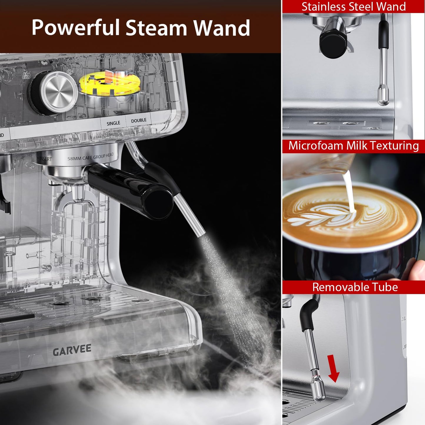 Garvee Espresso Machine, Espresso Machine with Grinder, Brushed Stainless Steel, Espresso Coffee Maker with Milk Frother for Home Barista Commercial Use(White Silver)