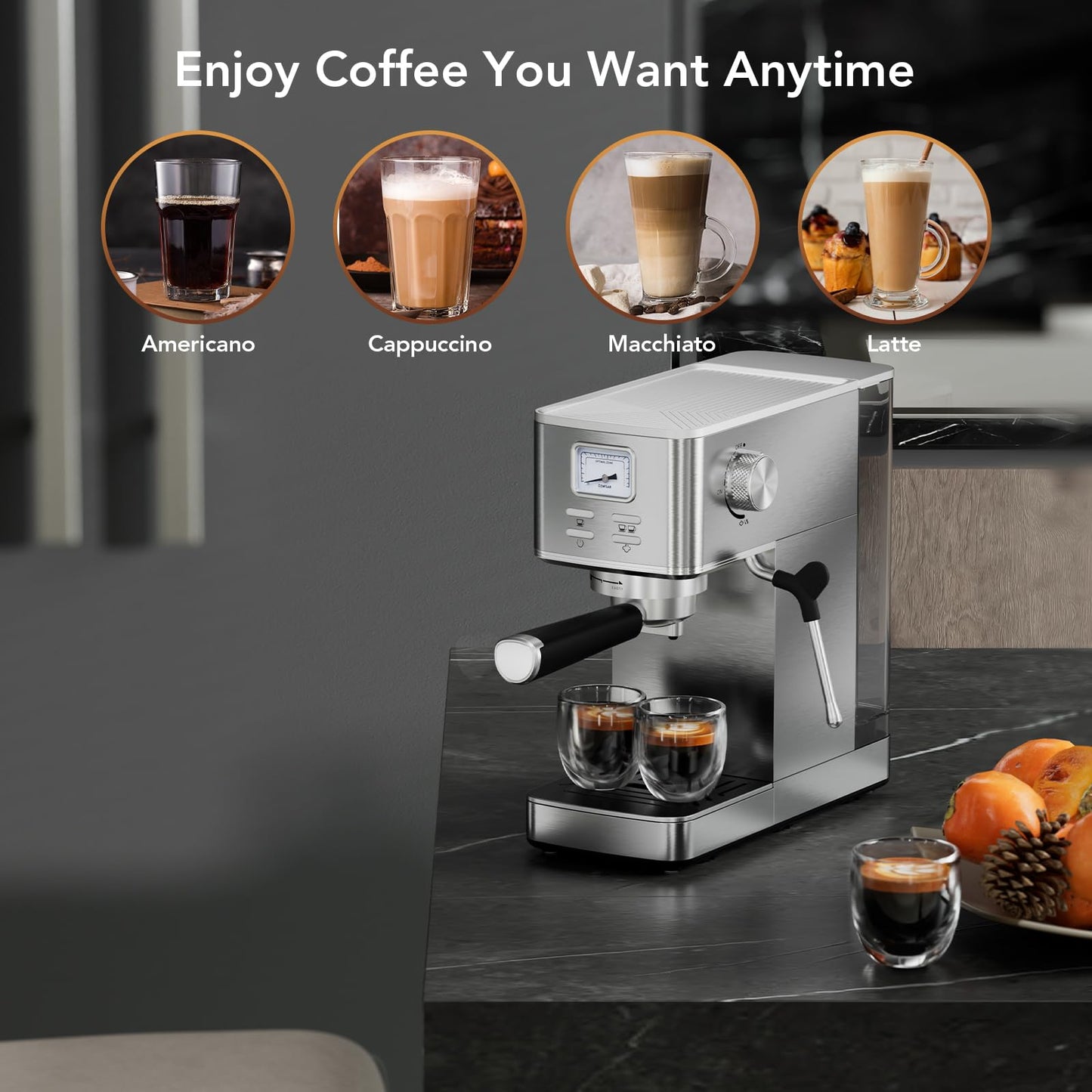 COWSAR Espresso Machine 20 Bar, Compact Commercial Espresso Maker with Milk Frother, Visual Pressure Gauge, Coffee Machine with 47oz Removable Water Tank and Capsule Funnel, for Cappuccino, Latte