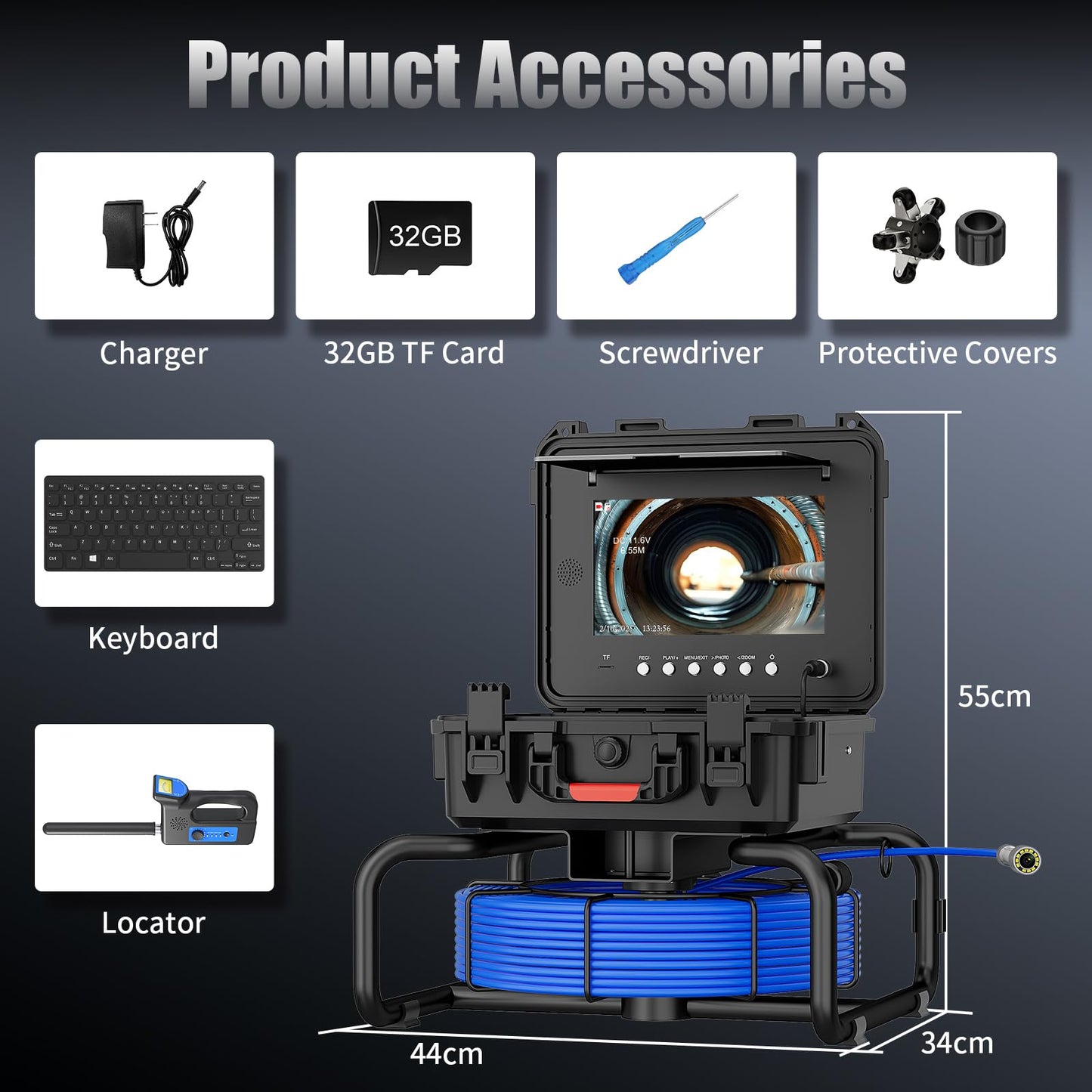JINXINEBAY 10 Inch IPS Sewer Inspection Camera with 512Hz Locator, 1080P AHD, 50M Cable, DVR, Auto Self-Leveling, 5X Zoom, TF Card, LED Lights for Pipe/Wall/Drain (165FT/512hz Locator)