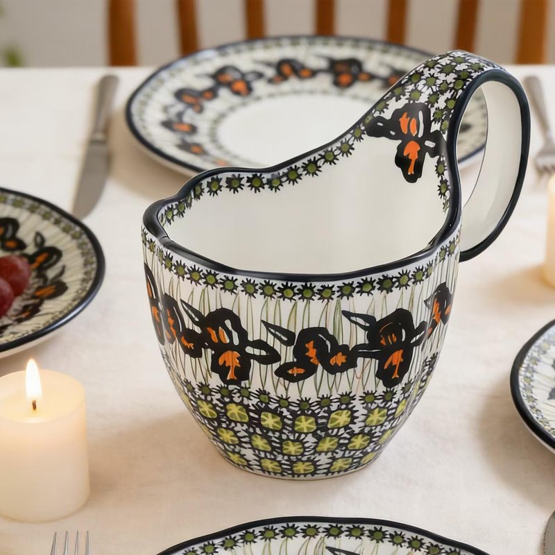 ALMA Ceramic Soup Bowls With Handles, 18oz Microwavable Large Loop Handle Mugs, Decorative Handpainted Floral Soup Bowl For Cereal, Oatmeal, Chili, Snack,Fruits,Ice cream-Orange Irene Theme