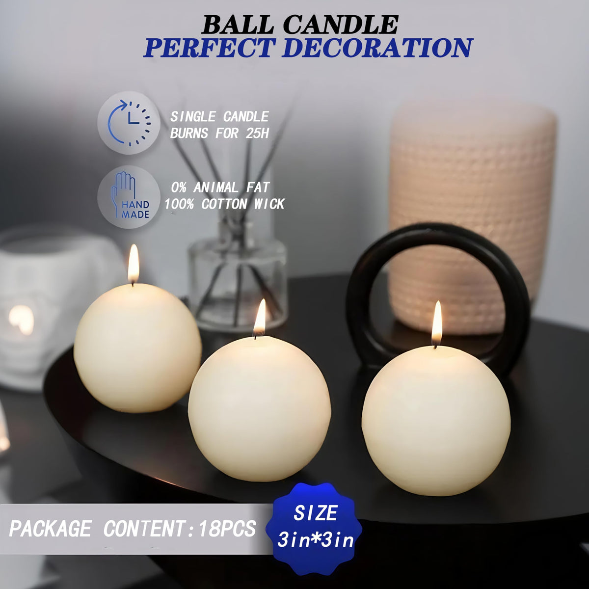 Trxvxo 18 PCS Ivory Round Candles,3 in Ball Candles Bulk Set,Dripless Unscented Smokeless,Whether You're Hosting a Wedding or Other Party, or Decorating Your Home,It's a Great Choice.
