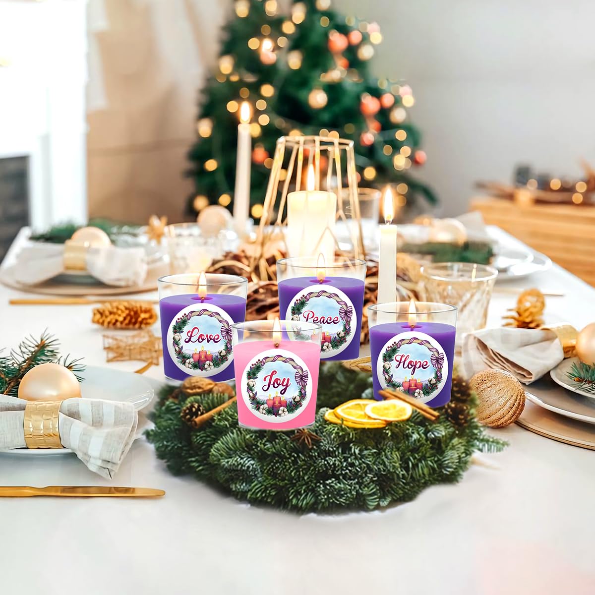 Purple and Pink Christmas Advent Votive Candles in Glass, Unscented 15 Hour Soy Wax Love, Hope, Peace and Joy Candles for Christmas Wedding Table Home Spa Holidays Party, 4 Packs