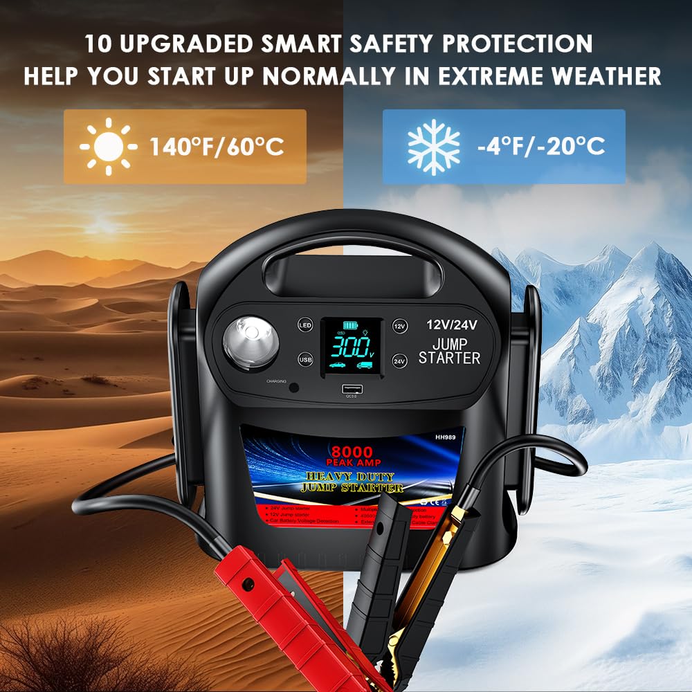 8000A 12V/24V Jump Starter for Large Gas & Diesel Engines, Heavy-Duty Portable Battery Booster Pack for Trucks, RVs & Commercial Vehicles with Force Start, Digital Display, LED Light & USB Charging
