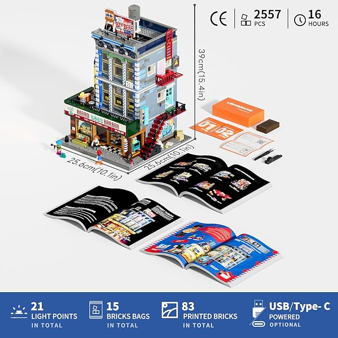 Barbershop Lighting Building Bricks Set - Street Fusion City Town Modular Playset Collection Display kit with Minifigures 2557 Pcs for Adults & Teens & Life Enthusiasts