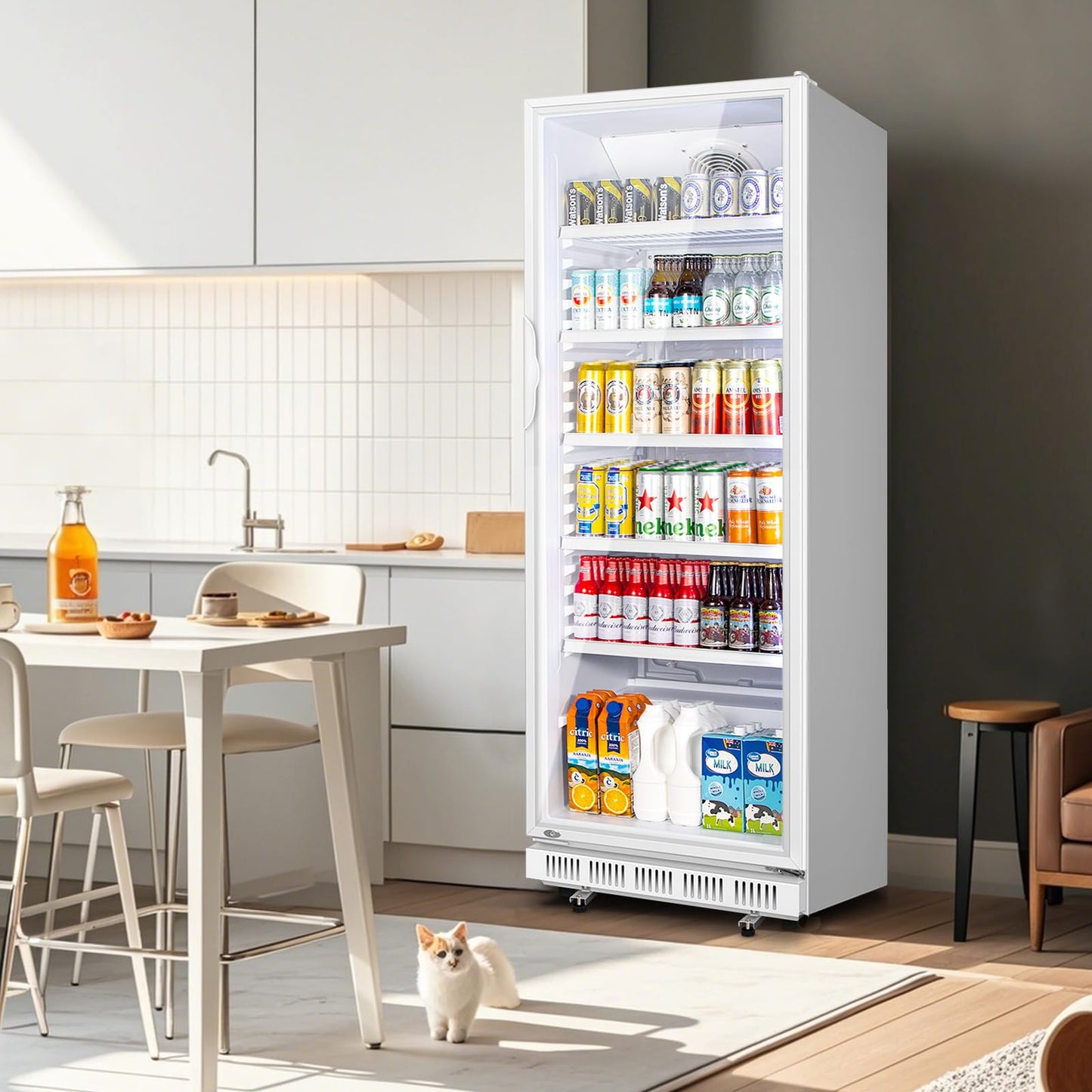 Tylza Commercial Refrigerator with Glass Door Display Beverage Fridge, 360L Upright Beverage Cooler Merchandiser with Rebound Door, Fast Cooling, Low Noise, White
