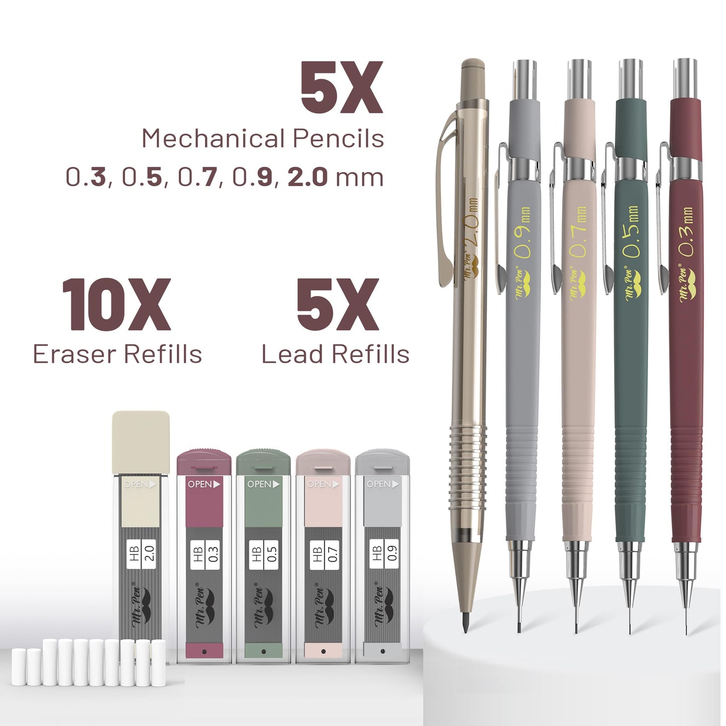 Mr. Pen- Mechanical Pencil Set with Leads and Eraser Refills, 5 Sizes - 0.3, 0.5, 0.7, 0.9 and 2 Millimeters, for Drafting, Drawing and Sketching, Back to School Supplies