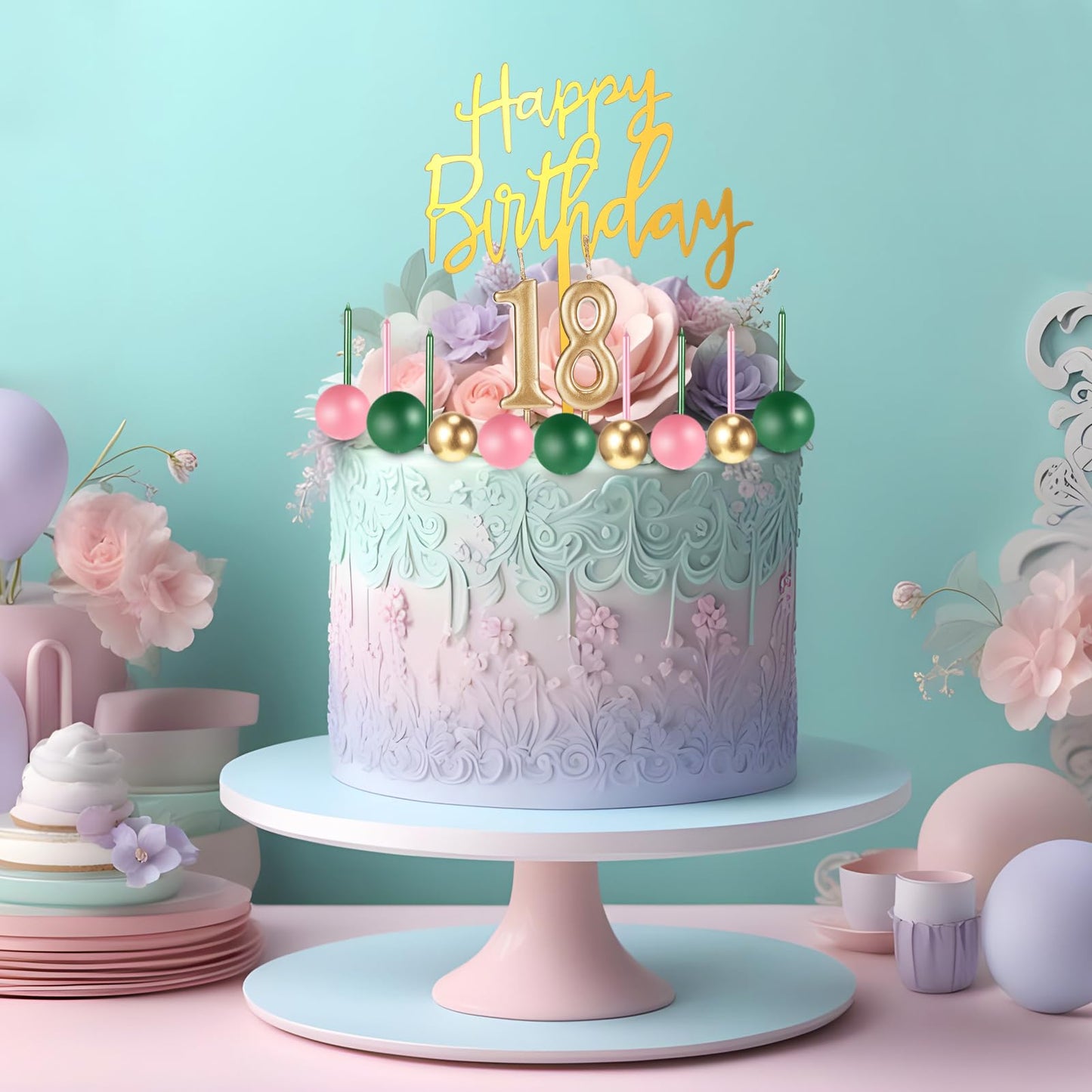 Yerliker 34 Pcs Happy Birthday Cake Toppers Decorations Birthday Candles DIY Cake Decor for Men Women Wedding Anniversary(Gold Green Pink)