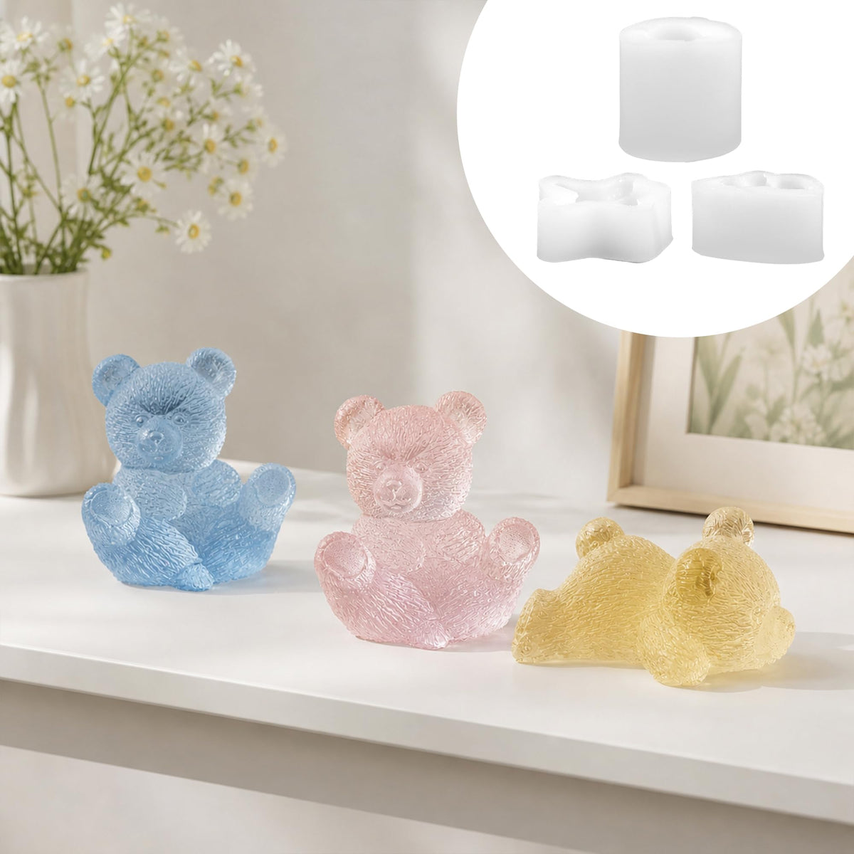 Set of 3 Teddy Bear Candle Molds, 3 Bears Animal Silicone Candle Molds for Party Chocolate, Suitable fit for Resin DIY