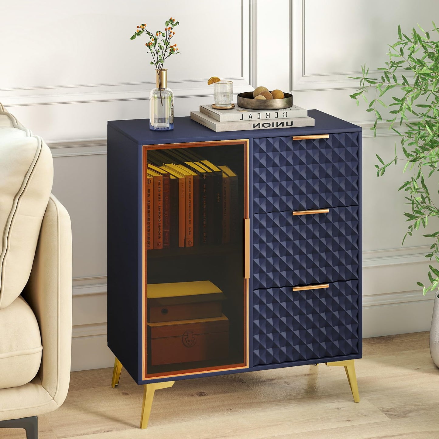 Rovibek Modern Sideboard Cabinet with Storage, Small Kitchen Buffet Cabinet with Glass Door & 3 Drawers, 31" Accent Sideboard Buffet for Kitchen, Living Room, Blue