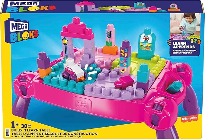 MEGA BLOKS First Builders Toddler Blocks Toy Build ‘n Learn Portable Activity Table with 30 Pieces and Built-In Storage Pink Kids Ages 1+ Years (Amazon Exclusive)