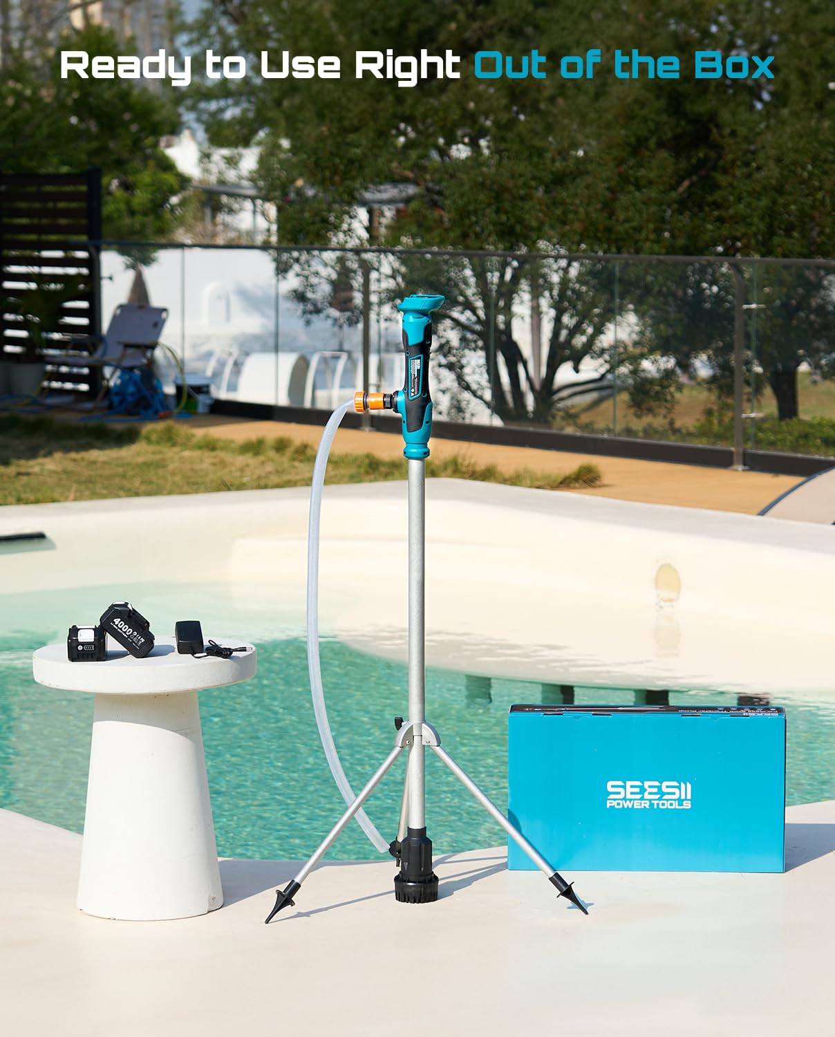 SEESII Cordless Stick Water Transfer Pump with Tripod Stand Hands-free, Portable Submersible Water Pump 720GPH & 2 x 4.0Ah Batteries, 32FT Lift for Pool Draining Boat Bilge Garden Rain Barrel Basement