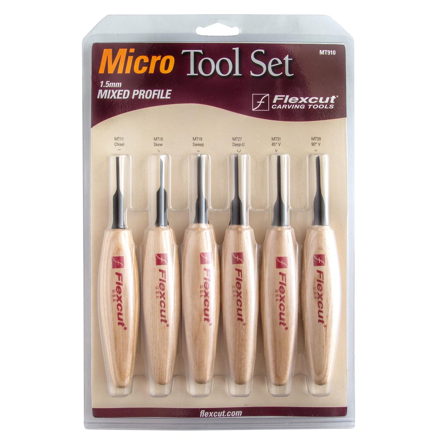 Flexcut Wood Carving Tools 1.5mm Mixed Profile Micro Tool Set of 6 MT910, 1095 High Carbon Steel Blades, Made in U.S.A.