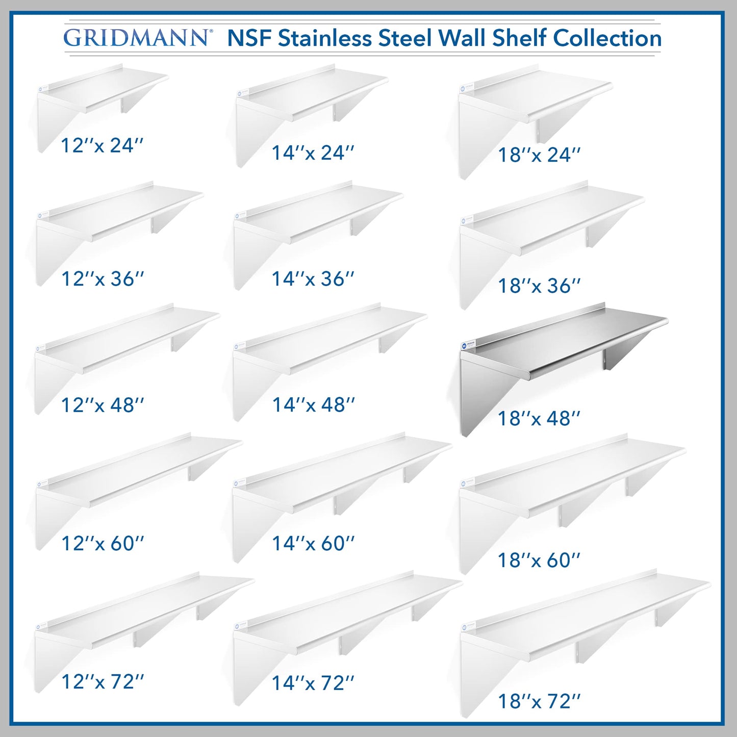 GRIDMANN 18" x 48" Stainless Steel Wall Mount Shelf with Backsplash, Commercial Grade - NSF Certified 18 Gauge Shelving for Restaurant, Kitchen, Utility Room, Garage