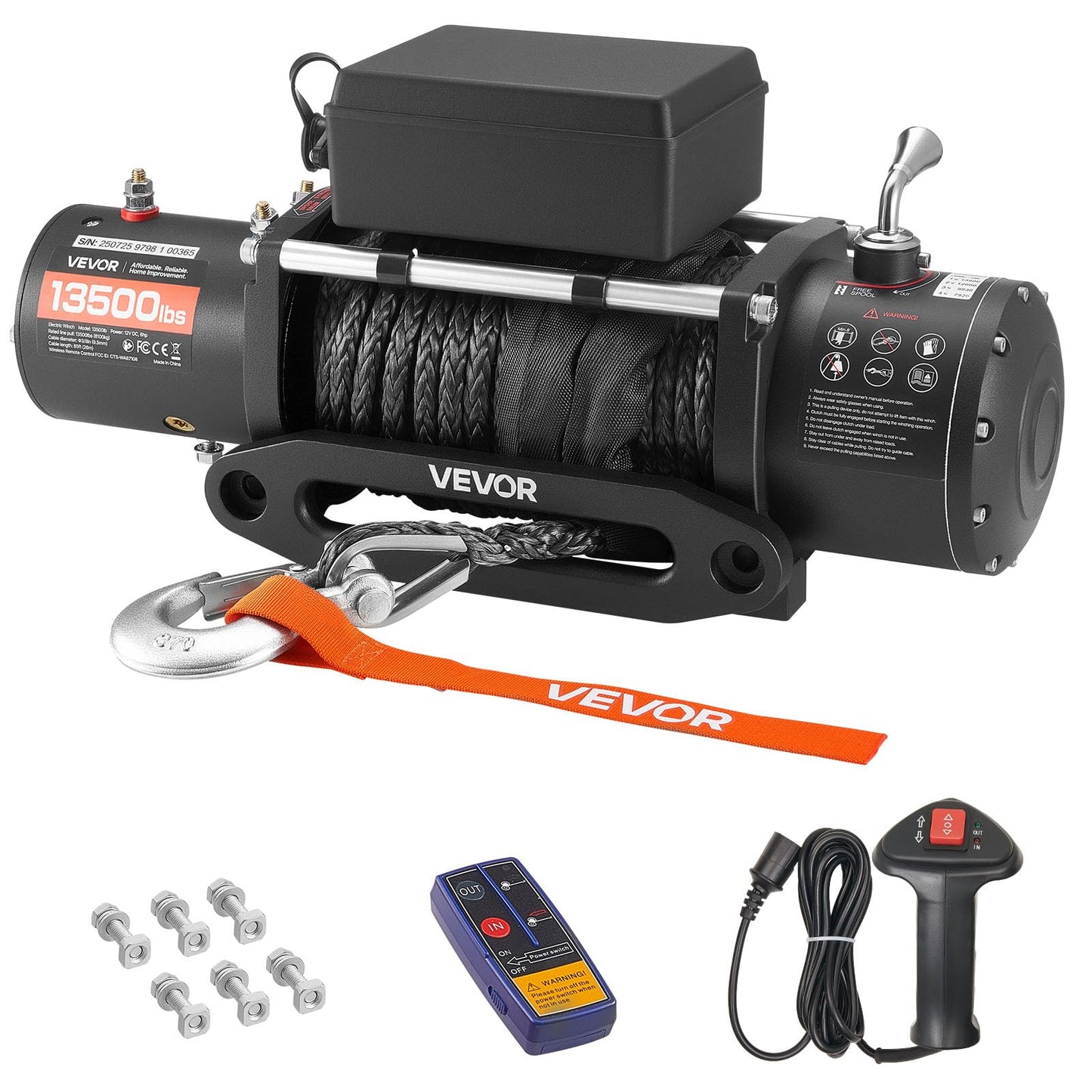 VEVOR Electric Winch, 13500 lbs Load Capacity, 12V DC Truck Winch with Φ3/8 in x 85 ft Synthetic Rope, Wireless & Wired Remote Control, IP55 Waterproof for Towing Off-Road SUV Jeep Trailer Boat