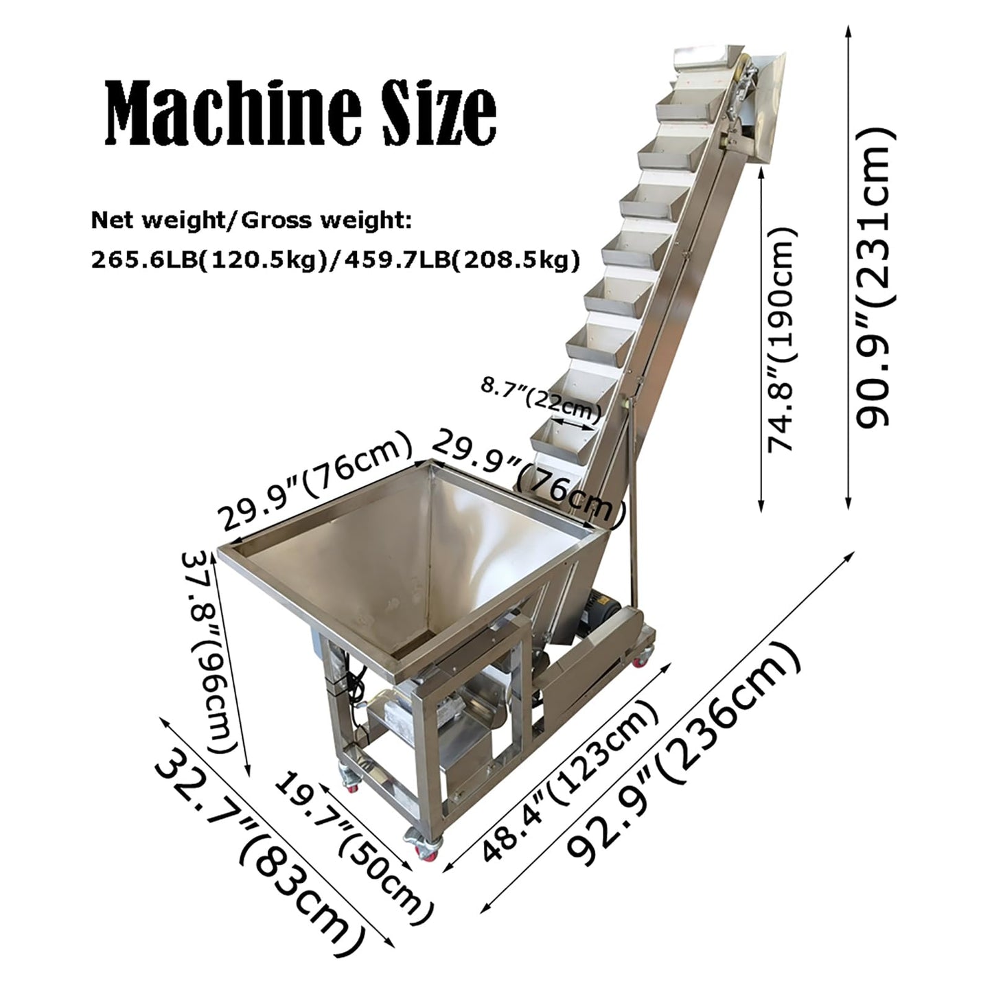 EQCOTWEA Electric Bucket Elevator Conveyor with Tilting Flip-Up Hopper Feeder 40gal Loading & Transfer Machine Stainless Steel Industrial Feeding System 220V/1PH