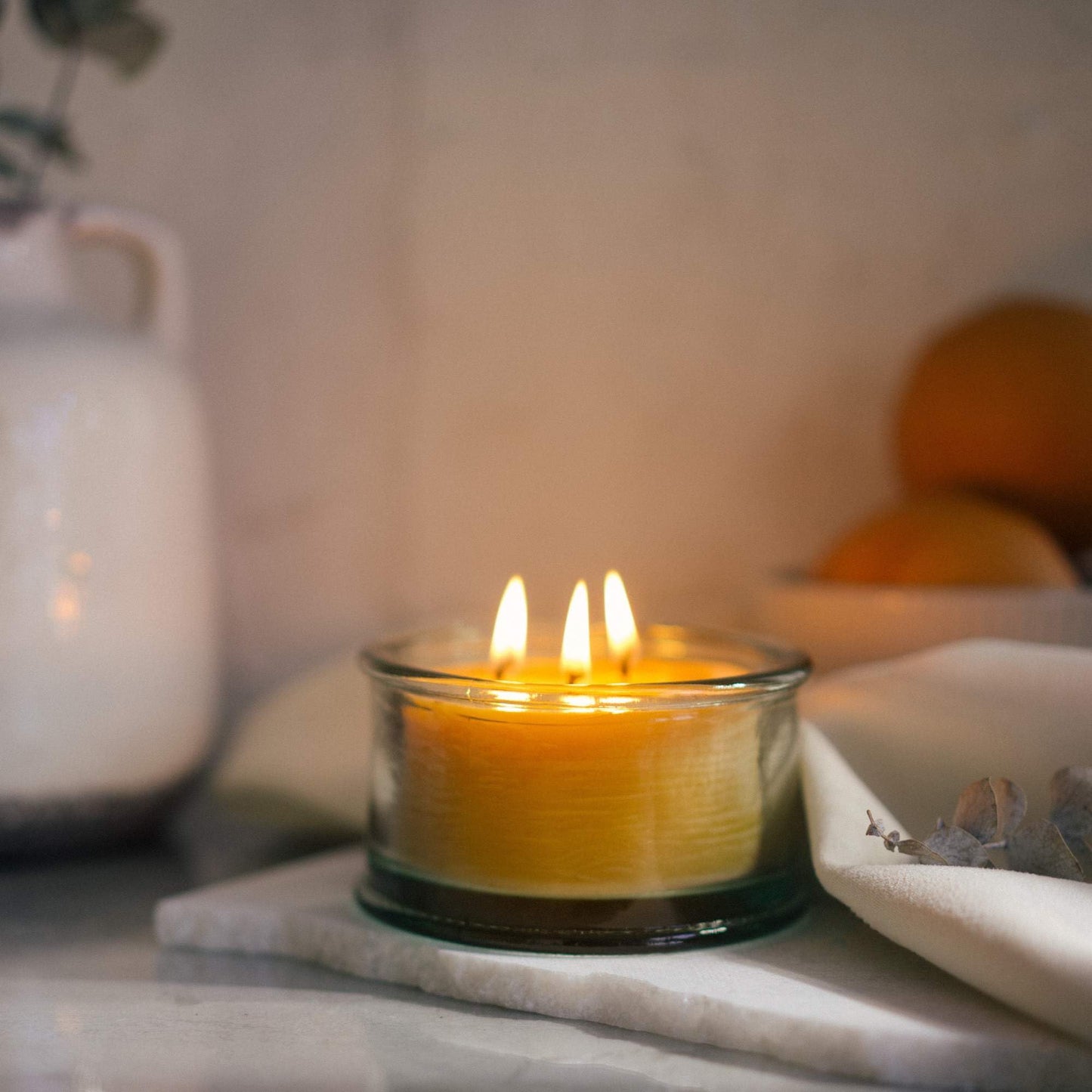 Bluecorn Botanica Beeswax 3-Wick Candle – Eucalyptus & Orange, 100% Pure Beeswax & Essential Oils – 10oz Hand-Blown Recycled Spanish Glass – Non Toxic, Clean Burning, Refillable Glass Jar