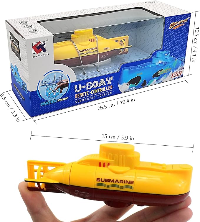 Tipmant Mini RC Submarine Toy Remote Control Boat Underwater Electric Diving Water Fish Tank Kids Birthday Gift (Yellow)