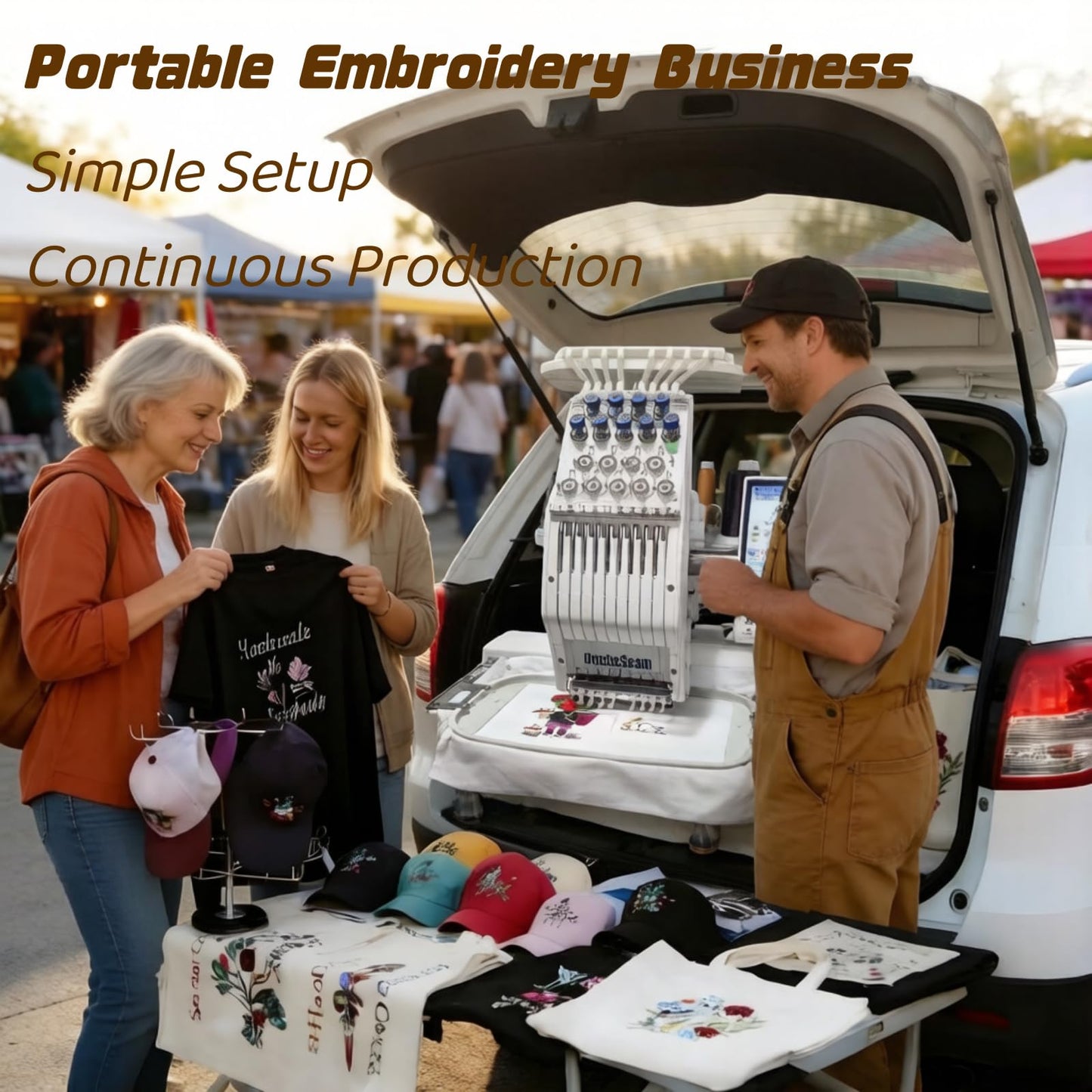 Compact Embroidery Machine with 9 Needles, 1200SPM Max Speed, 10“ Touch Screen, 8"x12" Embroidery Area, For Flat, Hat, T-shirt etc.