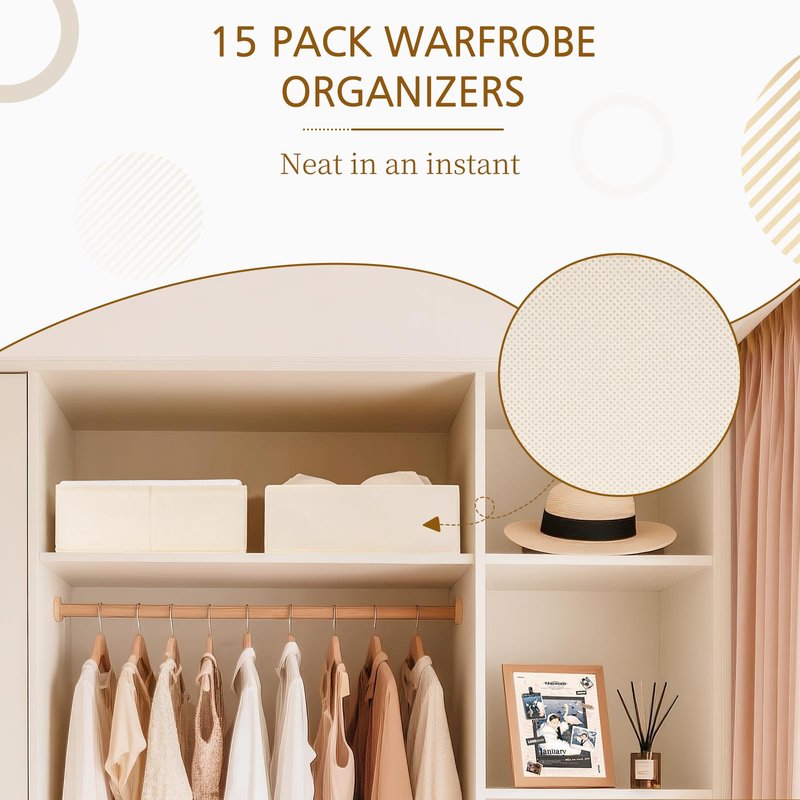 Criusia 15 Pack Drawer Organizer for Clothes, Foldable Dresser Dividers with 3 Sizes, Fabric Storage Bins – Beige