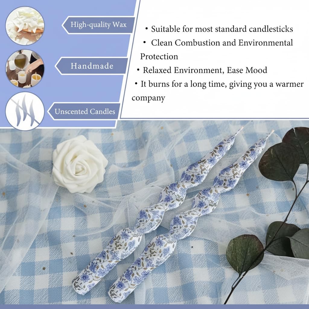 Blue and White Porcelain Taper Candle Flowers Printed Spiral Candles Unscented Smokeless Set of 2 Long Taper Candle 10 inch Twisted Candle Sticks Tapered Candles for Home Wedding Dinner Holiday Party