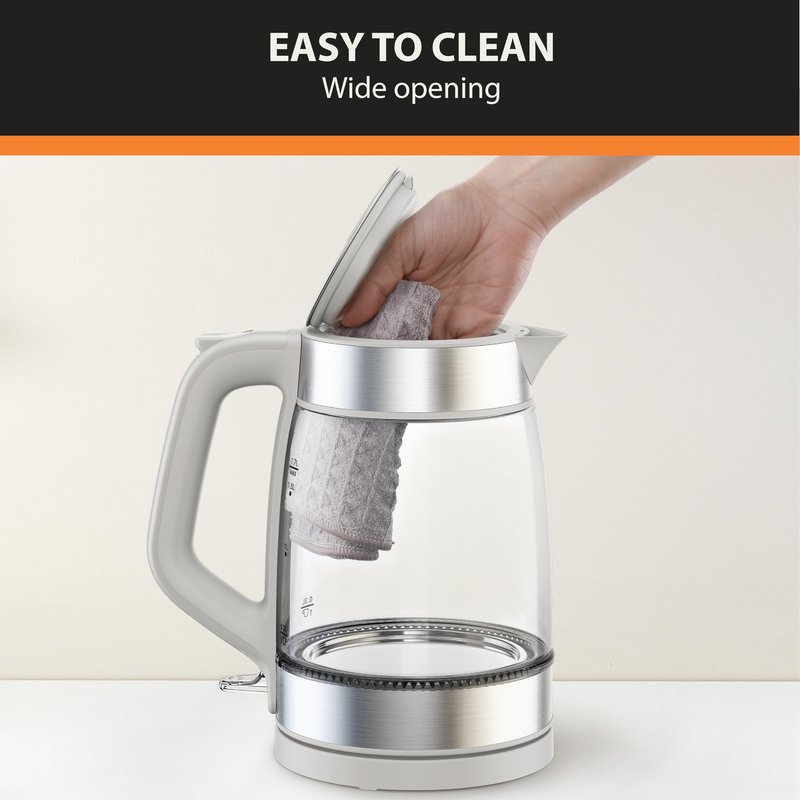 KRUPS Electric Kettle, 1.8-Qt (1.7L) Tea Kettle, 1500W with LED indicator, Hot Water Boiler, Auto Shut-off, Rapid 80-Second Cup Boiling, Safe Boil-dry Protection, Water Heater, Glass Carafe, Grey