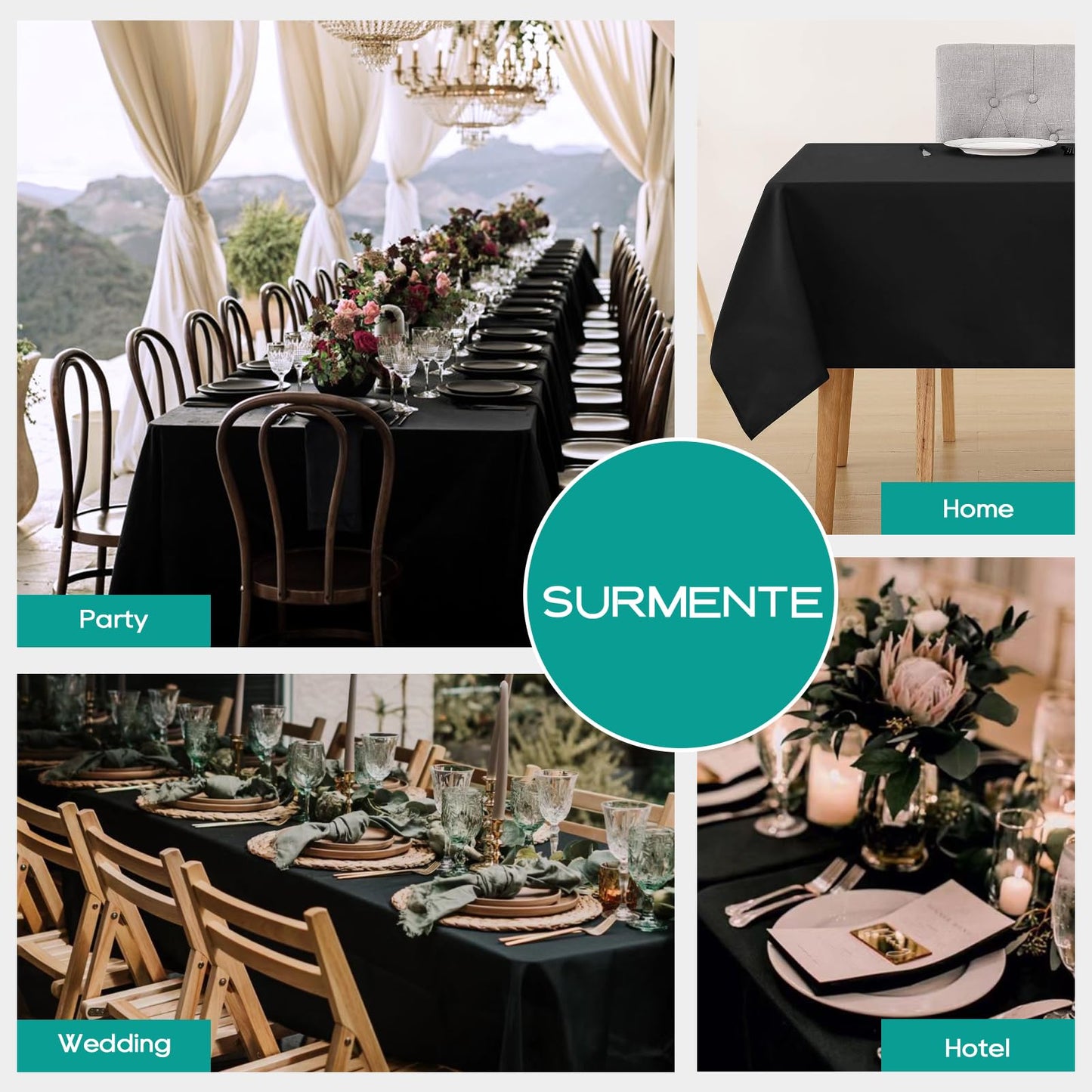 Surmente 5 Pack Black Tablecloth 90 x 156-inch Rectangular Polyester Table Cloth for Weddings, Banquets, or Restaurants