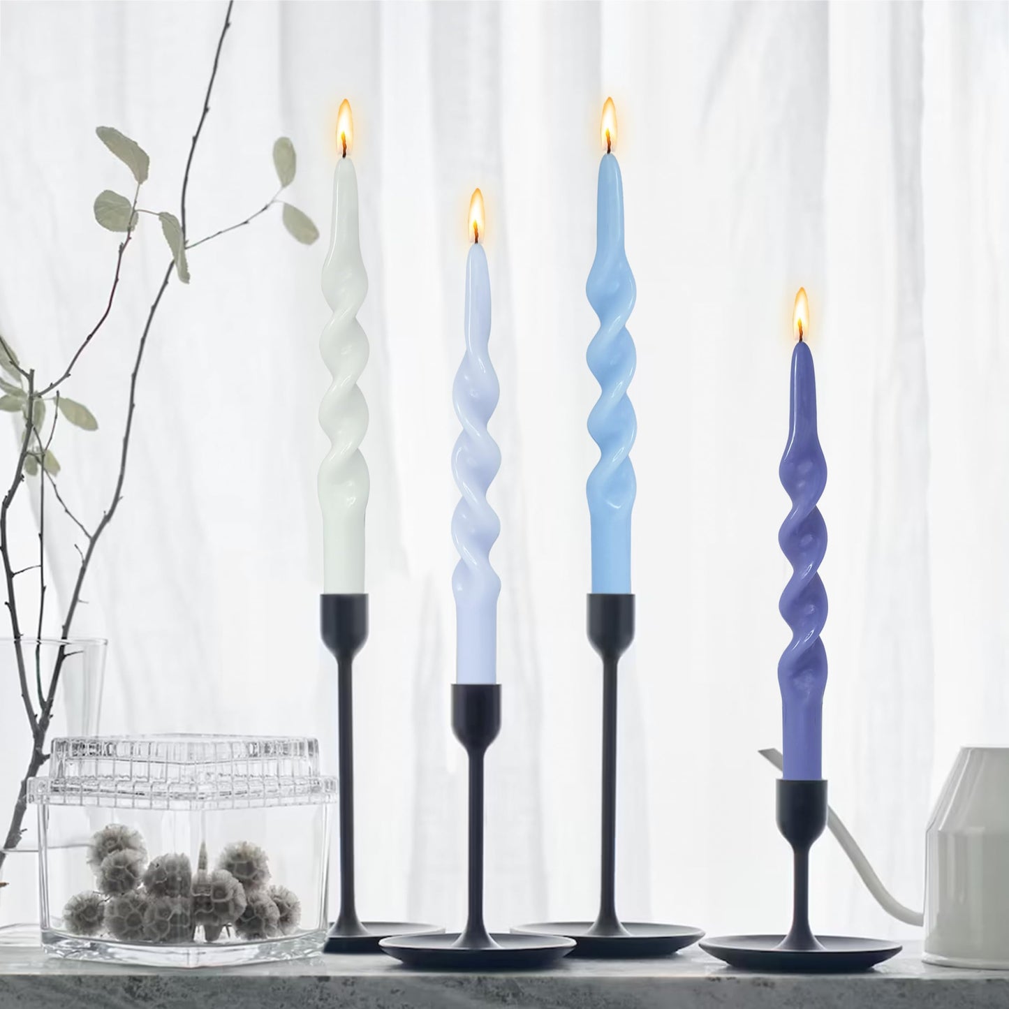 BALEAGCDL Unscented Twisted Taper Candle Gradient Blue Spiral Candlesticks 10 Inch Handmade Smokeless Dinner Long Candles Set for Holiday Wedding Party Gift Home Decoration
