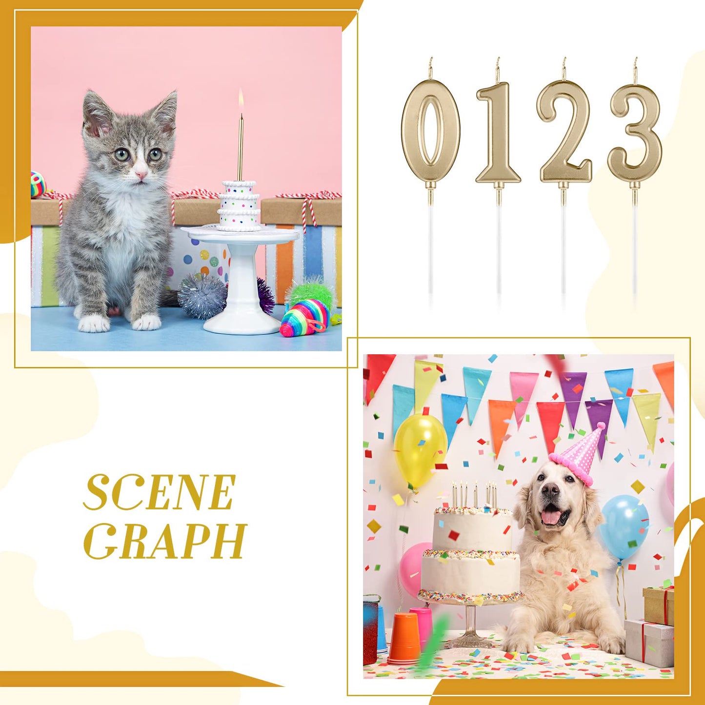 Shihanee 84 Pcs Birthday Cake Toppers Decorations Long Thin Metallic Birthday Candles Bulk Number Candles 0-9 DIY Cake Decor for Wedding Anniversary Party(Champagne)